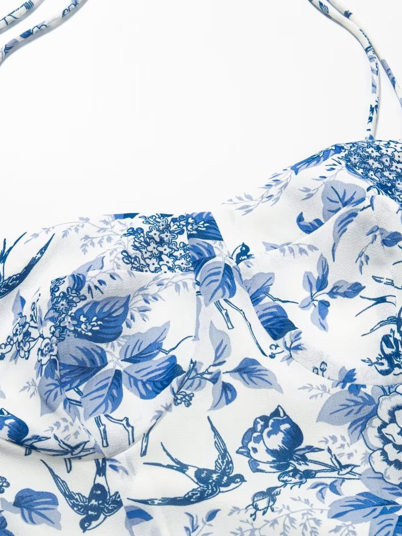 Lace up Floral Printed A line Split Midi Dress