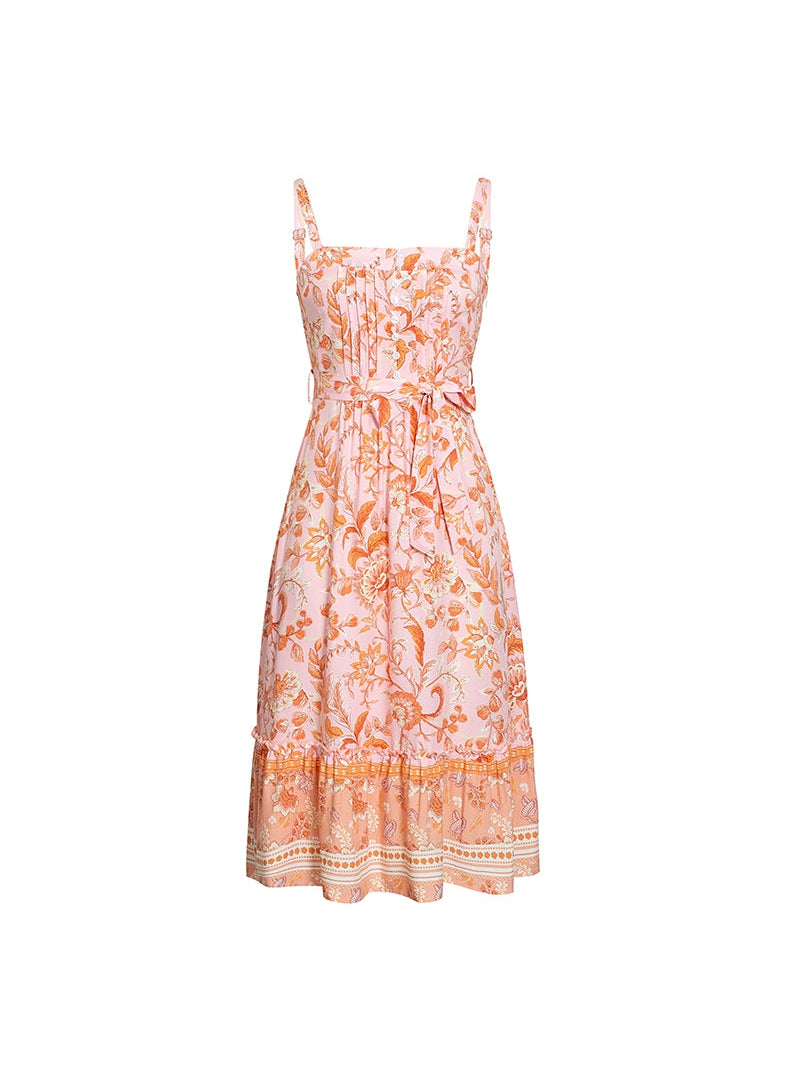 V Neck Spaghetti Strap Floral Print Midi Dress