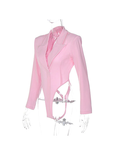 Pink Blazer Style Backless Bodysuit