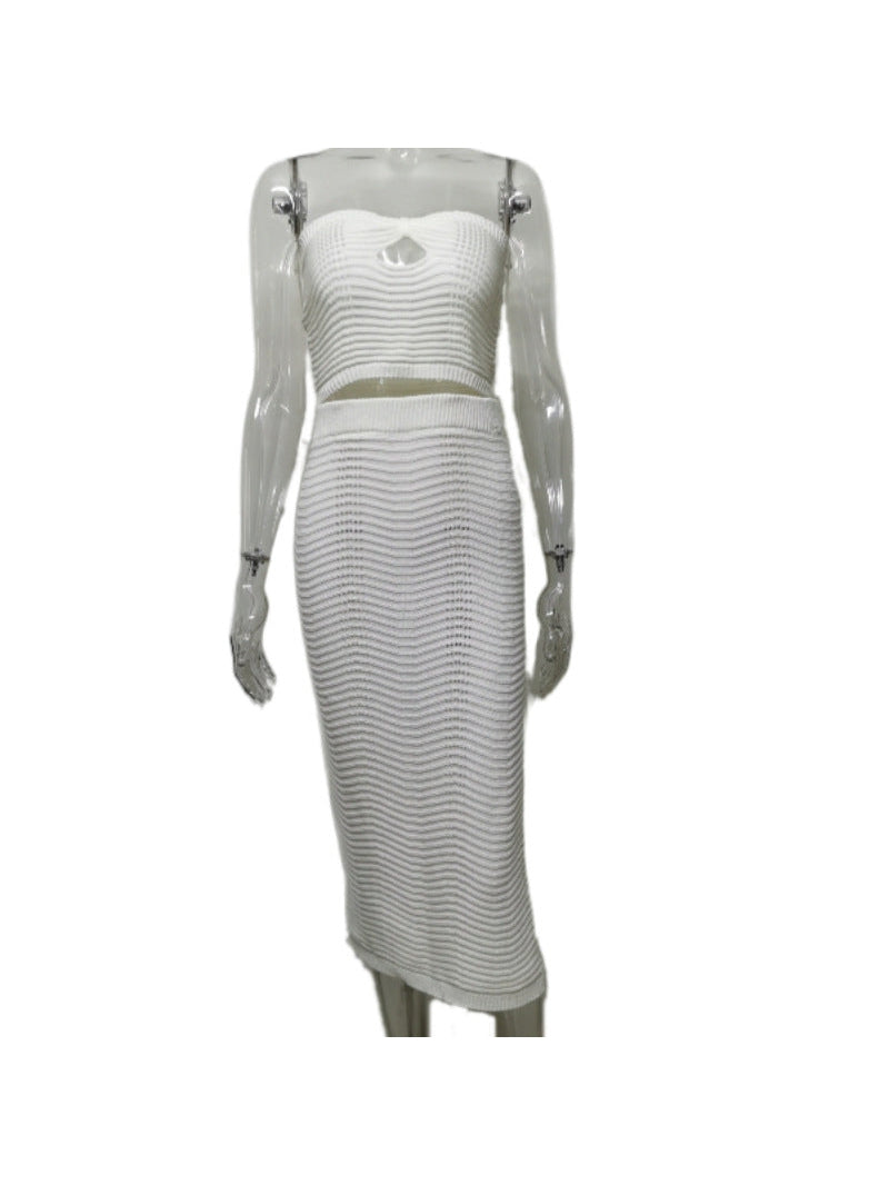 Knitted Tube Top Cutout Sheath Top & Slit Skirt Coord Set