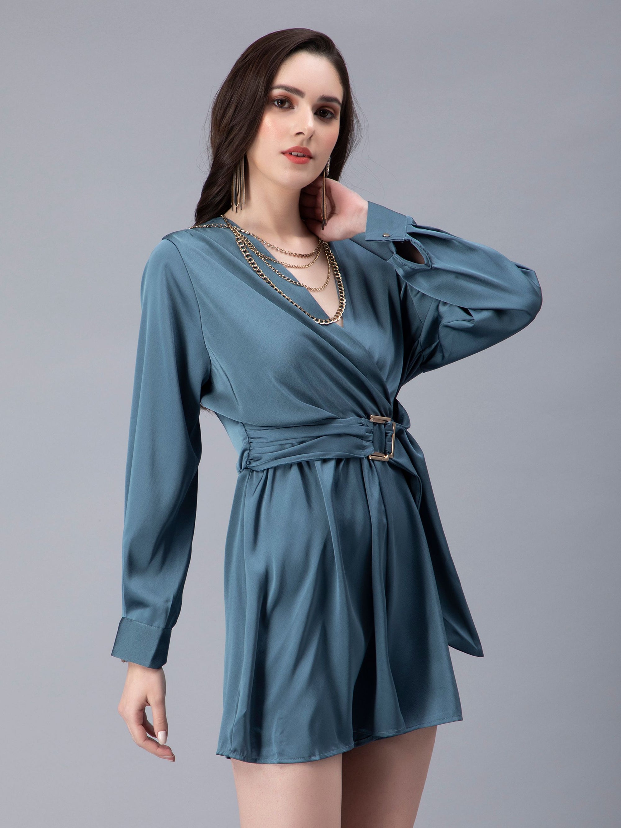 Satin Romper Wrap Dress with Belt