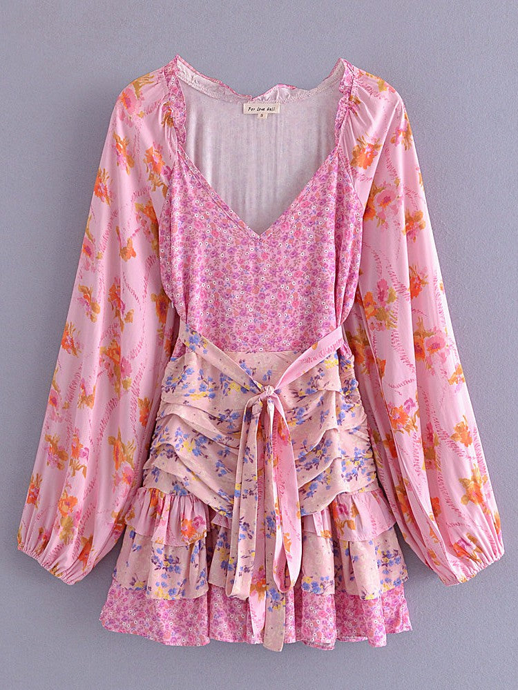 Pink Floral Printed High Waist Dress