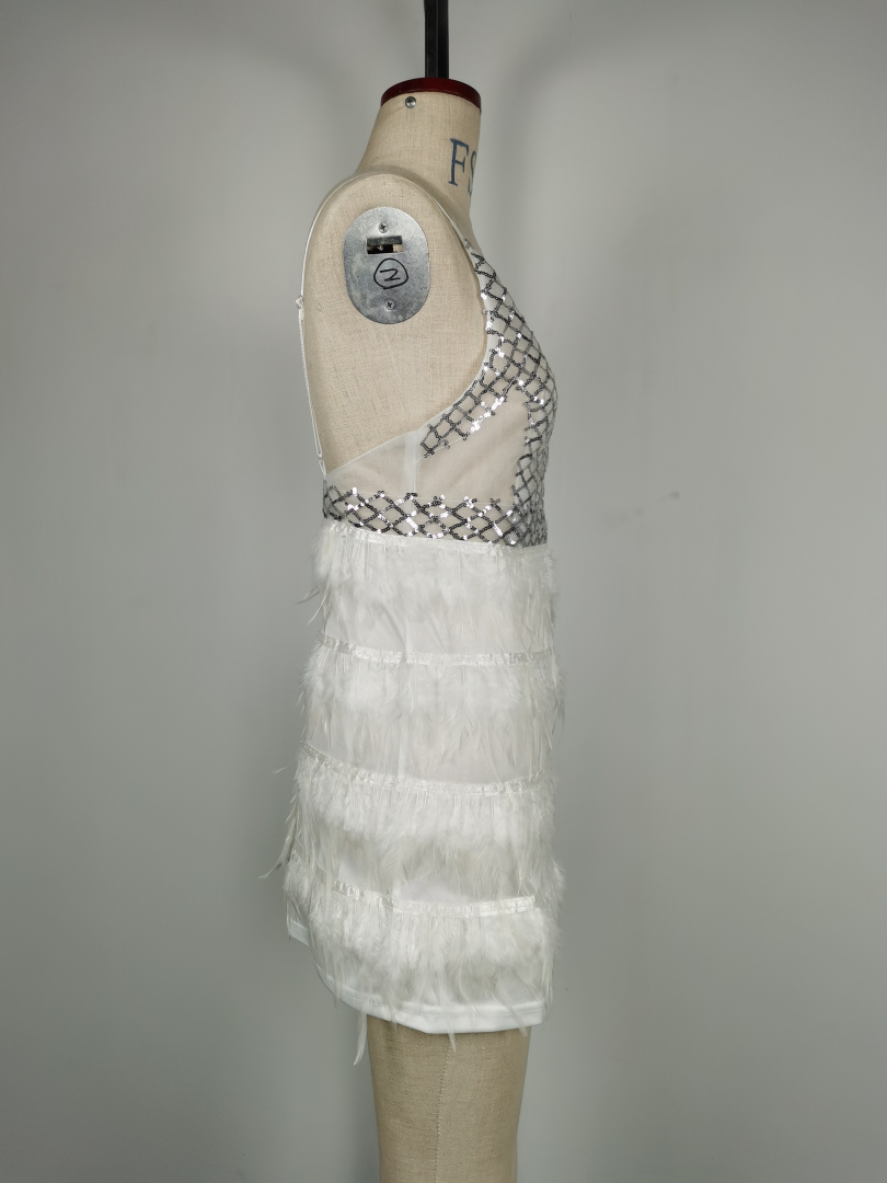 V Neck Studded Sequin Feather Dress