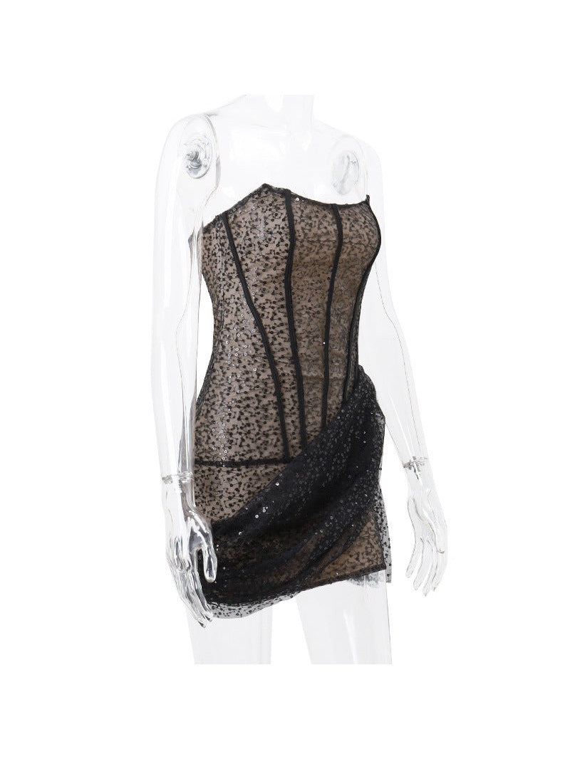 Sequins Boning Lace Fishnet Tube Ribbon Dress