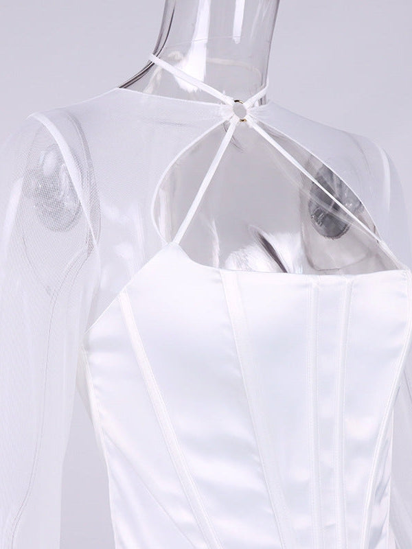 Hollow Out Mesh Sleeves Boning Corset Top