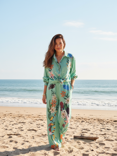 Graffiti Print Satin Short Sleeve Shirt & Pant Coord Set