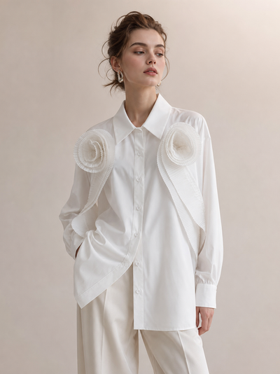 Ruffles Pleated Flower Patch Long Shirt by EXCLUSIVES, white top with circular pleated shoulder patches.