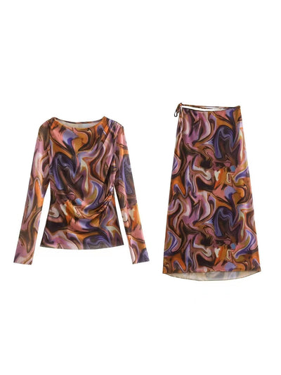 Mesh Abstract Print Full Sleeves Top & Skirt Coord Set