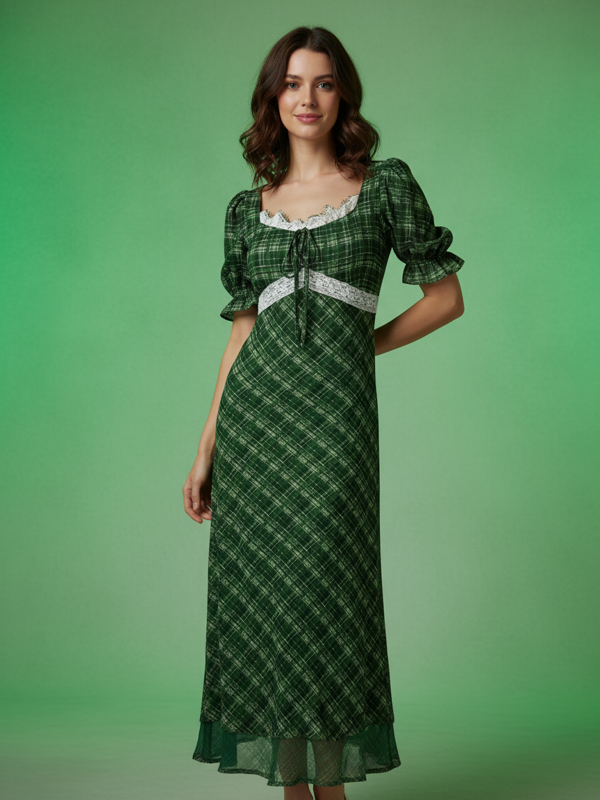 Puff Sleeve U Neck Lace Dress