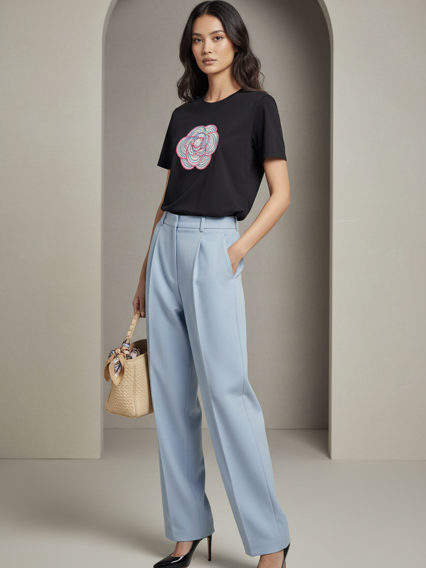 Print Cotton Lycra CH Flower T-Shirt in black with a colorful flower graphic