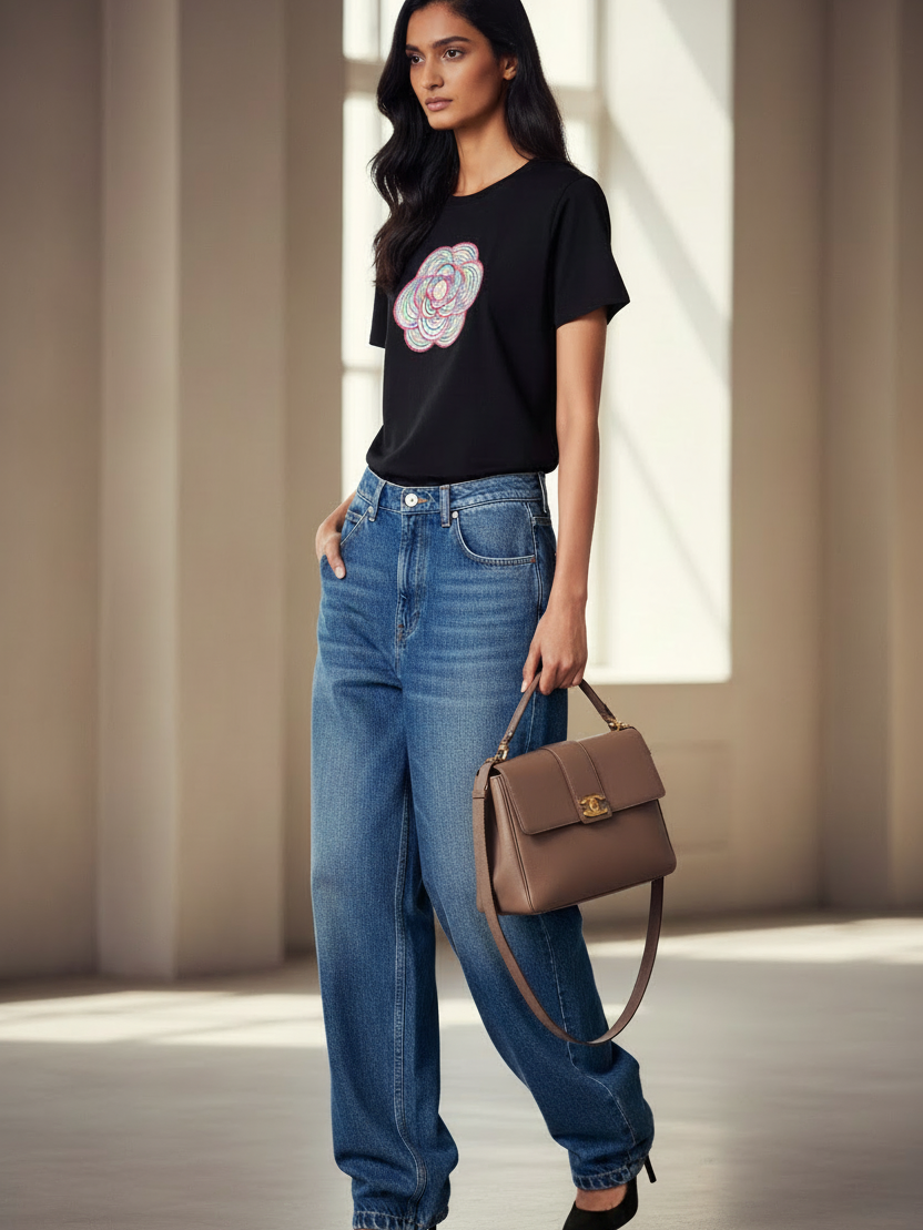 Print Cotton Lycra CH Flower T-Shirt, black with multicolor floral graphic, shown with blue jeans.