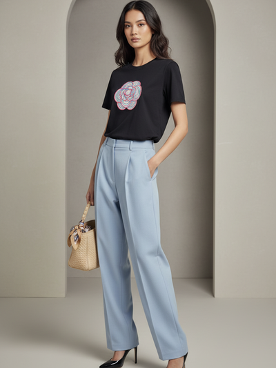 Print Cotton Lycra CH Flower T-Shirt in black with a colorful flower graphic