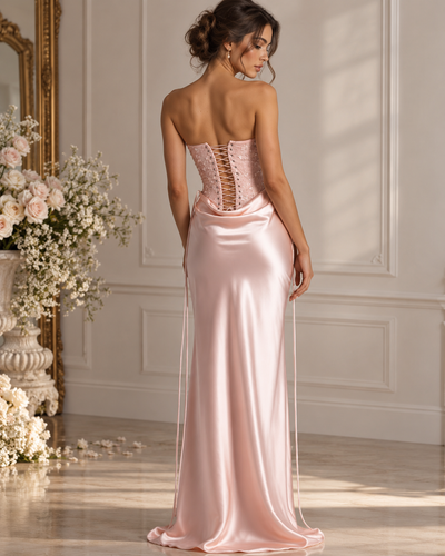 Bella Rose Embellished Satin Dress, blush pink satin gown with lace-up corset back and embellished bodice