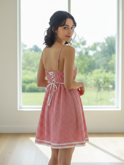 Gingham Print Short Dress With Adjustable Straps