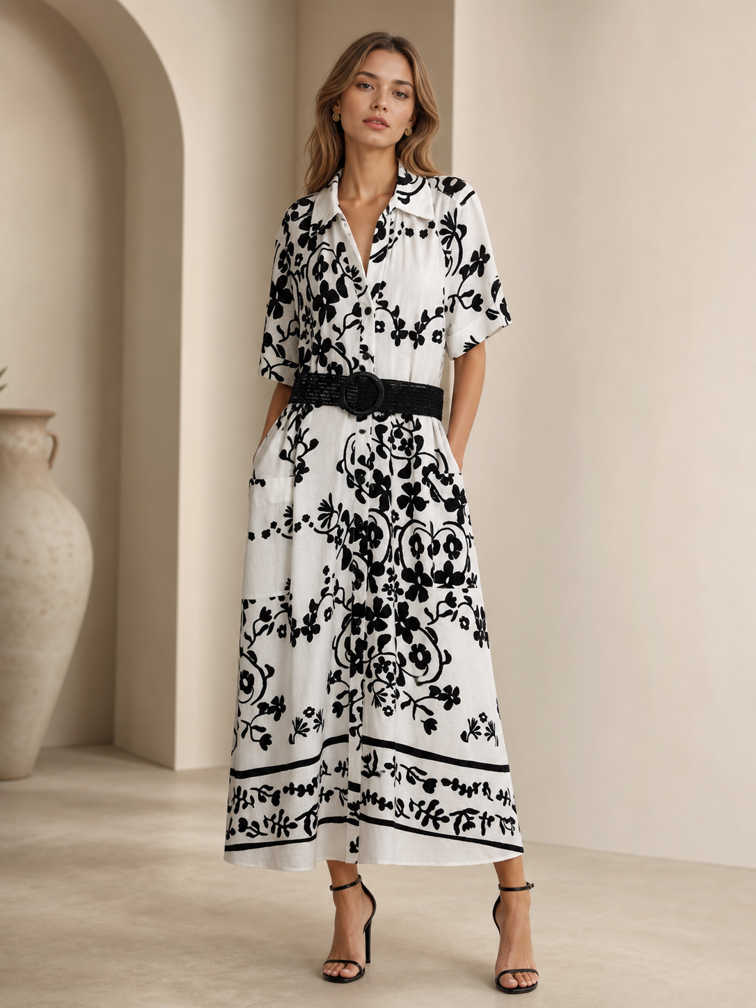 Printed linen-blend dress with belt by EXCLUSIVES, white fabric with black floral print, midi length