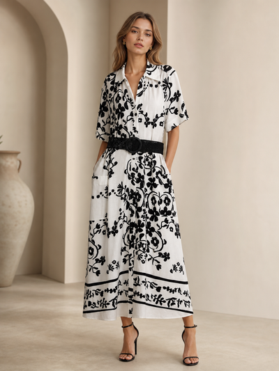 Printed linen-blend dress with belt by EXCLUSIVES, white fabric with black floral print, midi length