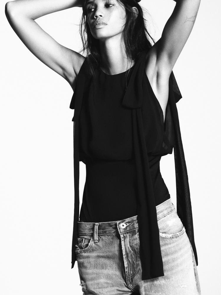City Sleek Black Bodysuit by SR Store; sleeveless black bodysuit with draped tie accents