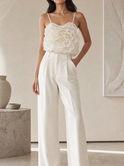 Applique Flower Pearl Cami Crop Top & Pant Coord Set, white; EXCLUSIVES two-piece outfit set
