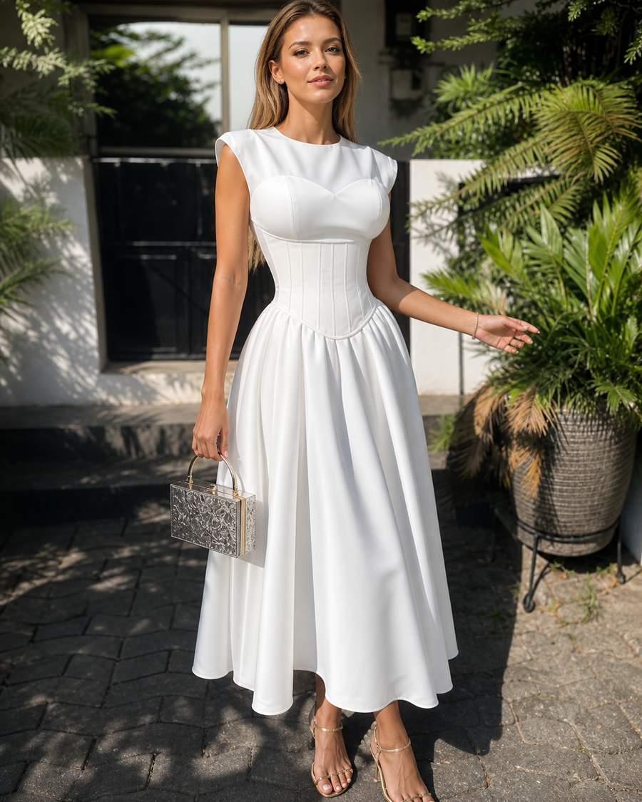Short Sleeves Corset Flare Midi Dress in white with a cinched waist and full midi skirt