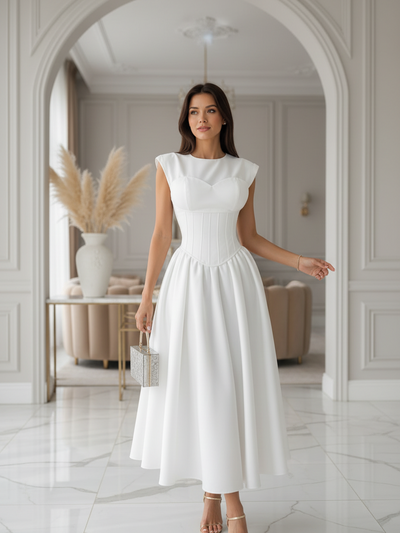 Short Sleeves Corset Flare Midi Dress by EXCLUSIVES in white with fitted corset bodice and midi skirt