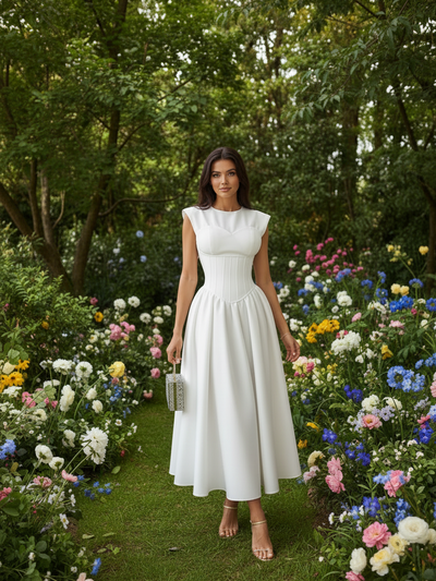 Short Sleeves Corset Flare Midi Dress in white, worn by a model in a flower-filled garden.