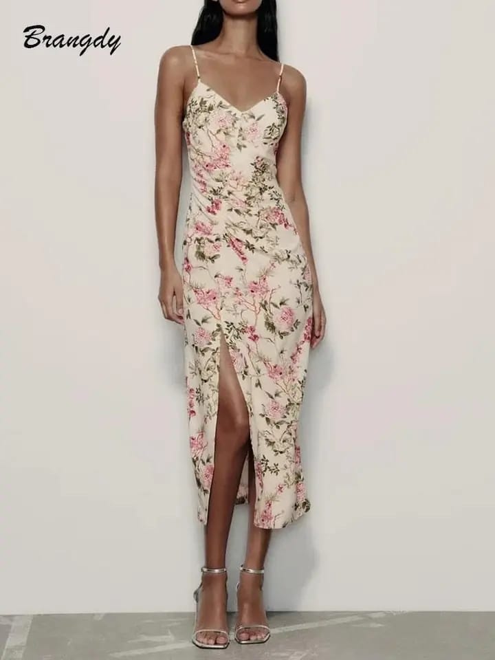 Floral Print Spaghetti Strap Split Dress