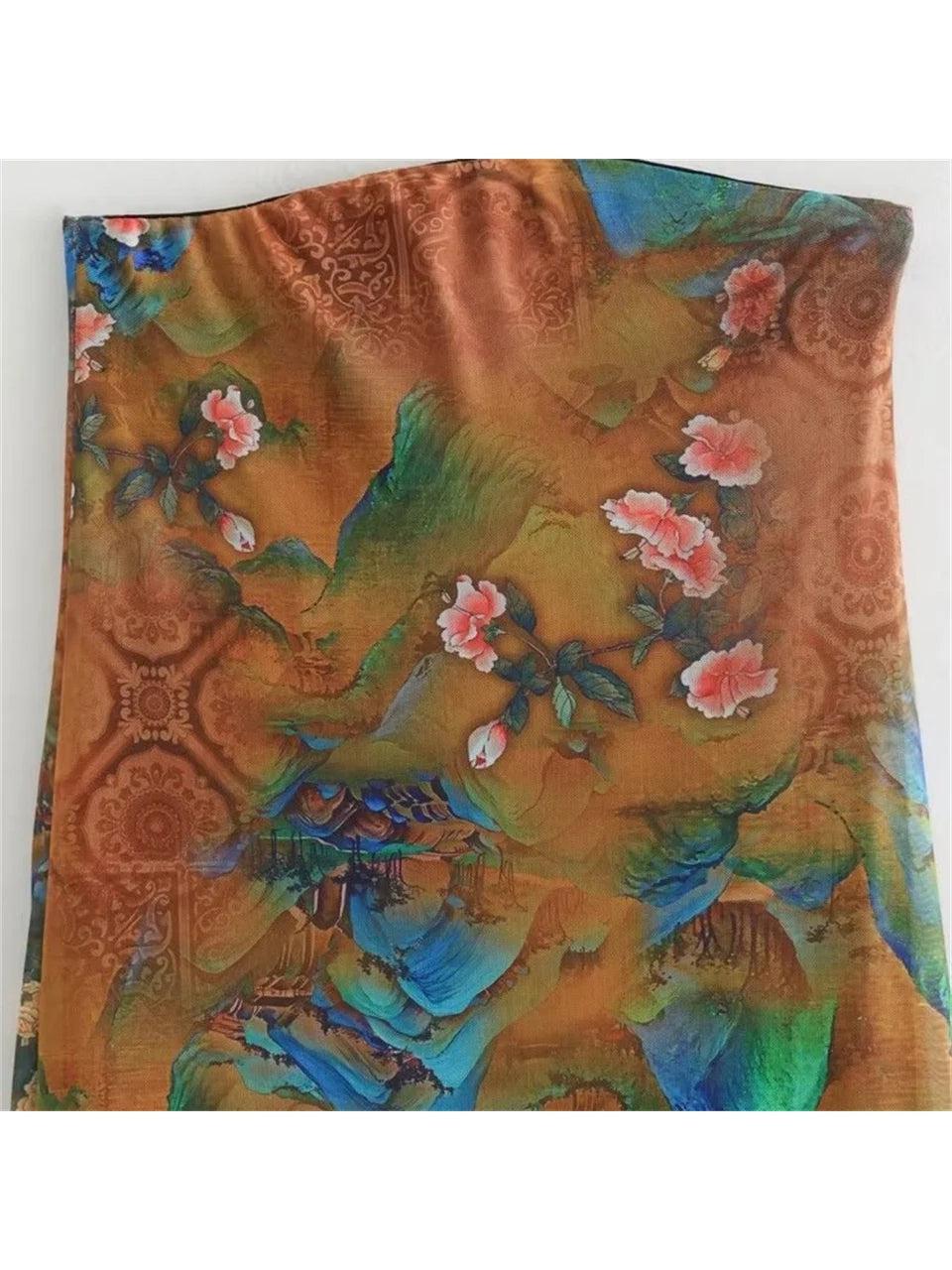 Brown Floral Print Mesh Tube Dress