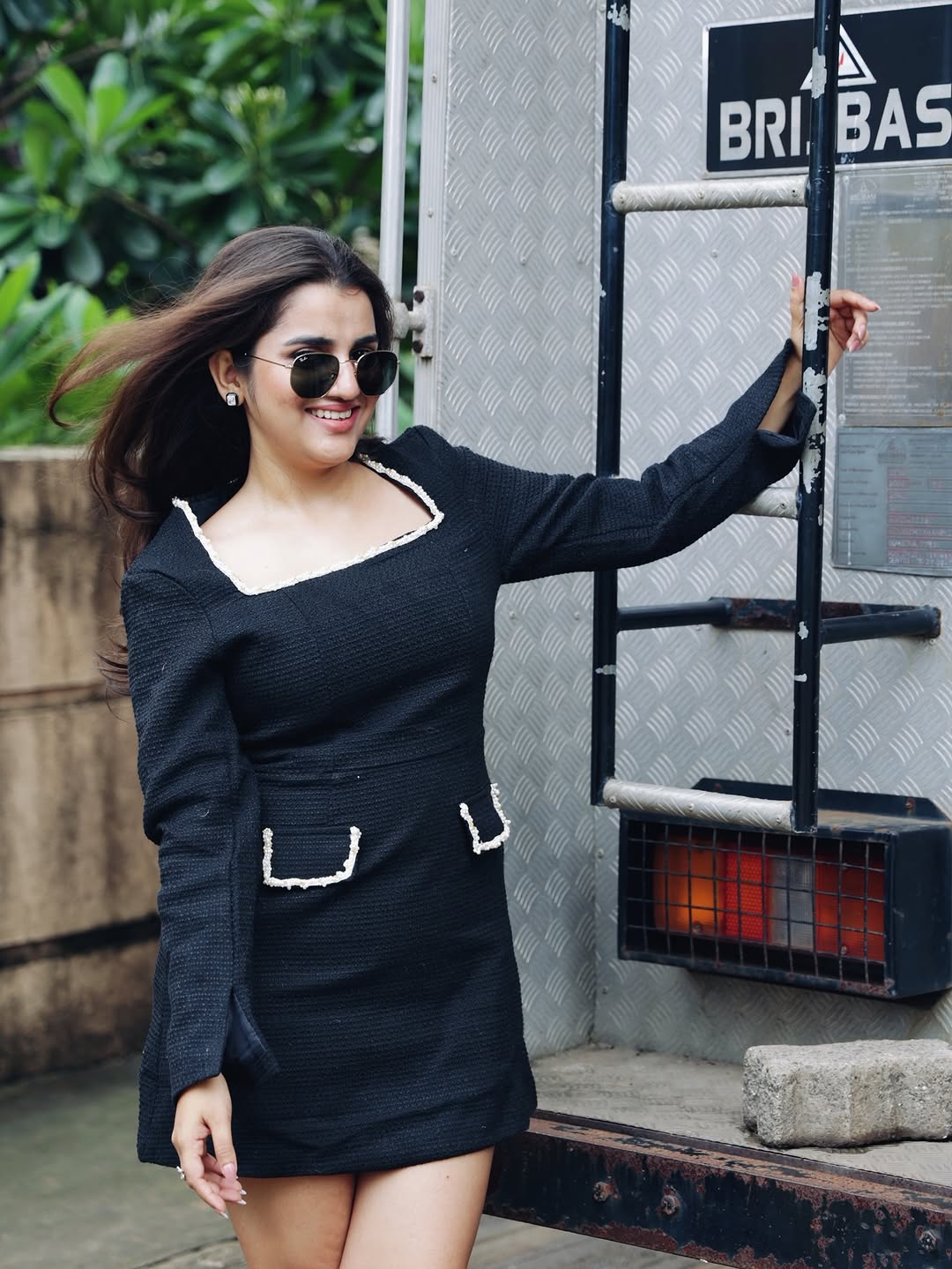 Tweed Full Sleeves Beaded Short Dress