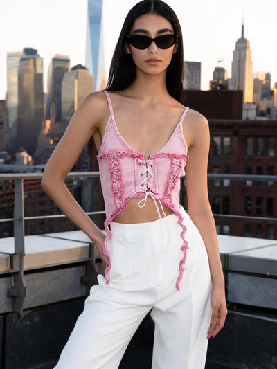 Lace up Spaghetti Strap denim top in pink denim with ruffle trim; on sale.