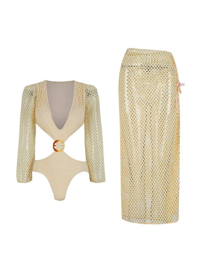 Crochet Cutout Buckle Bodysuit & Skirt Swimsuit Set