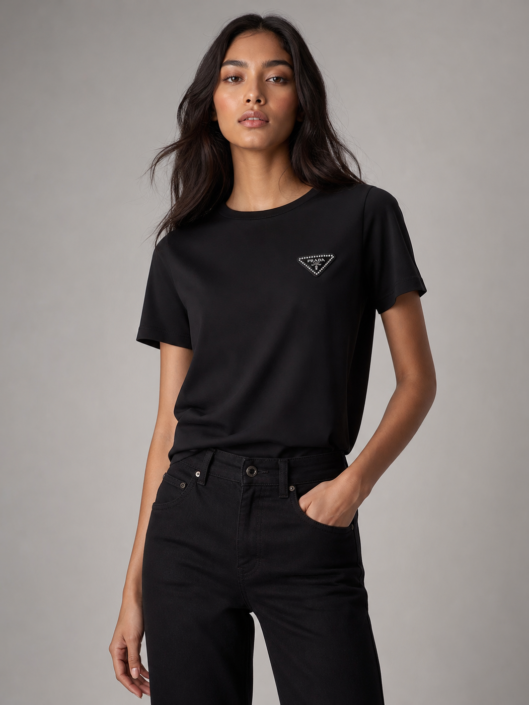 Print Cotton Lycra PR T-Shirt, black top with PRADA logo badge