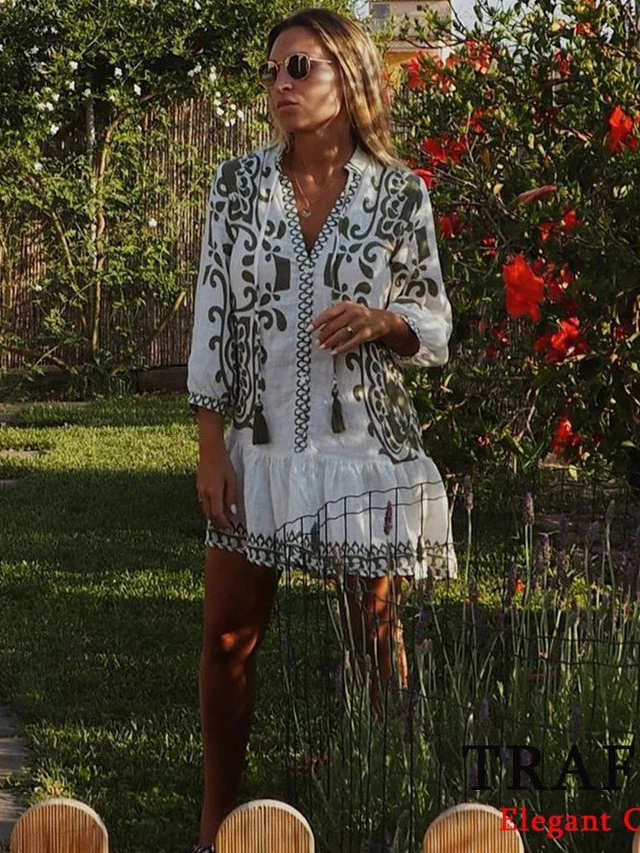 Floral Motif Print Short A Line Dress