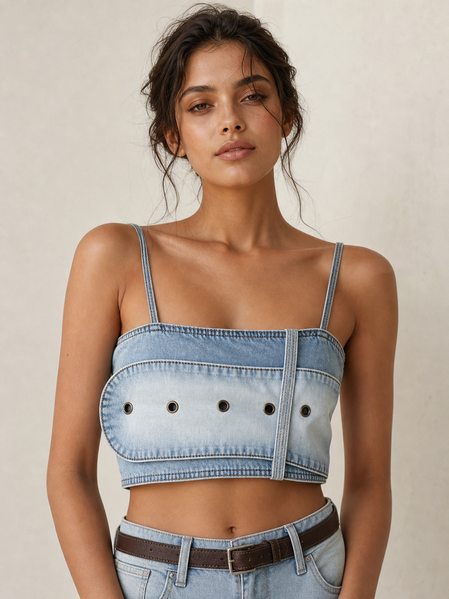 Spaggeti Strap Denim Wash Top, light-wash cropped denim with spaghetti straps and metal eyelet detailing