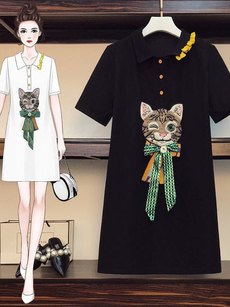 Polo Neck Cat Print T Shirt Dress