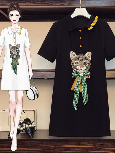 Polo Neck Cat Print T Shirt Dress