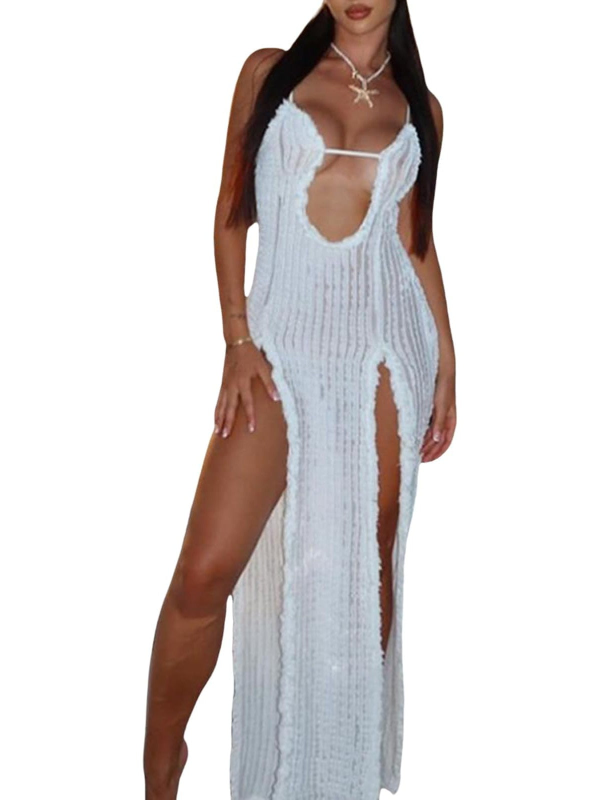 See through Deep Neck High Slit Maxi Dress