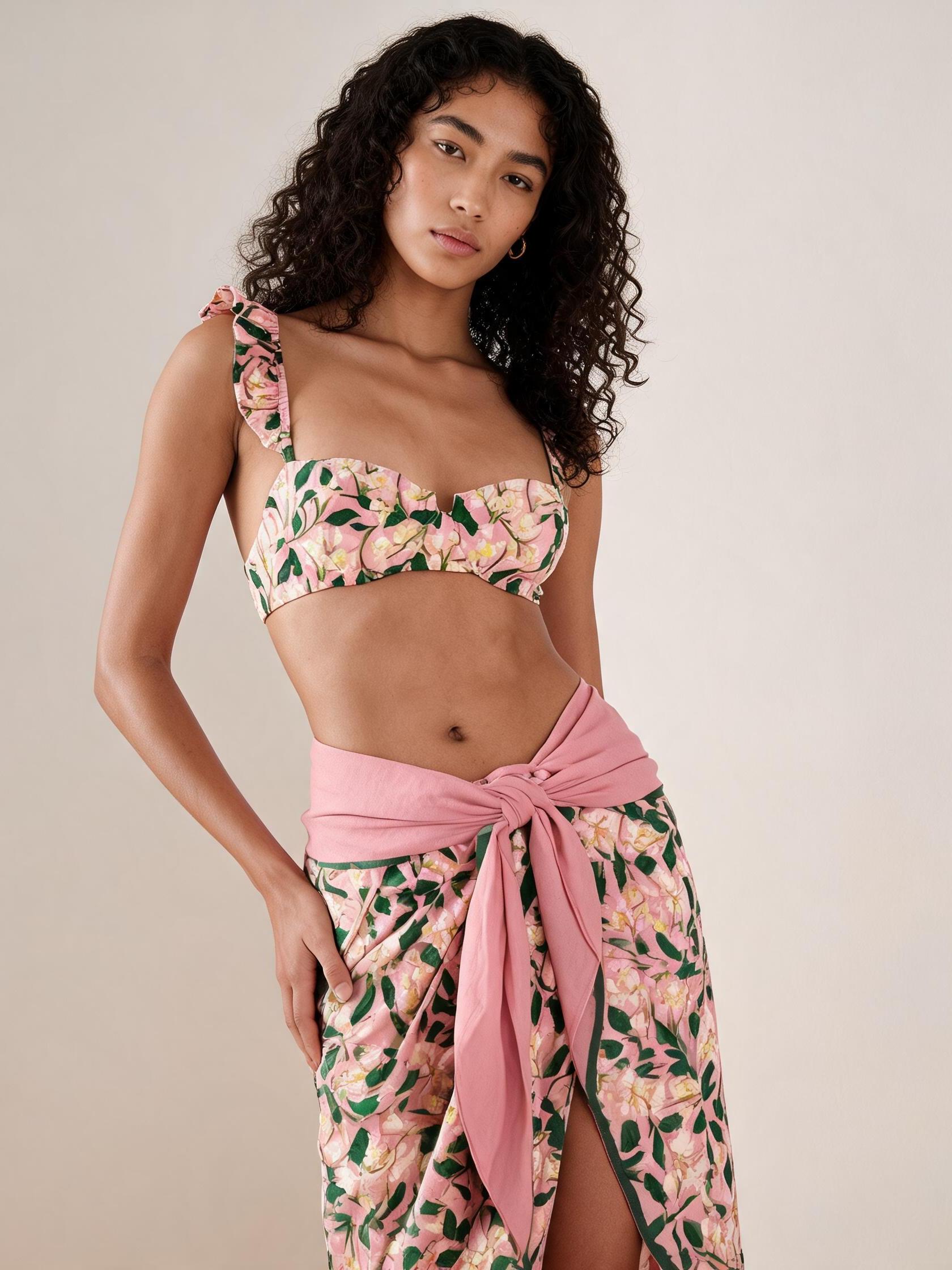 3-piece floral print bikini set with ruffle straps and pink wrap skirt from Swimwears