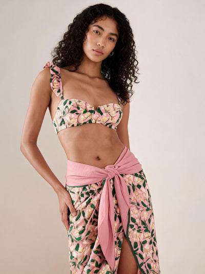 3-piece floral print bikini set with ruffle straps and pink wrap skirt from Swimwears
