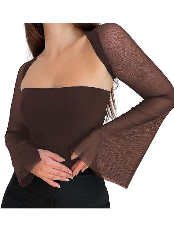 Brown bandeau tube top with sheer mesh long sleeves worn by a model, cropped torso view.