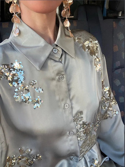 Embroidered Sequin Shirt & Pants Coord Set
