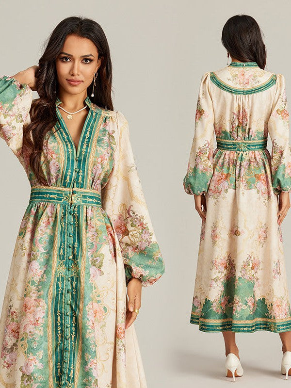 Floral Print V Neck Maxi Dress