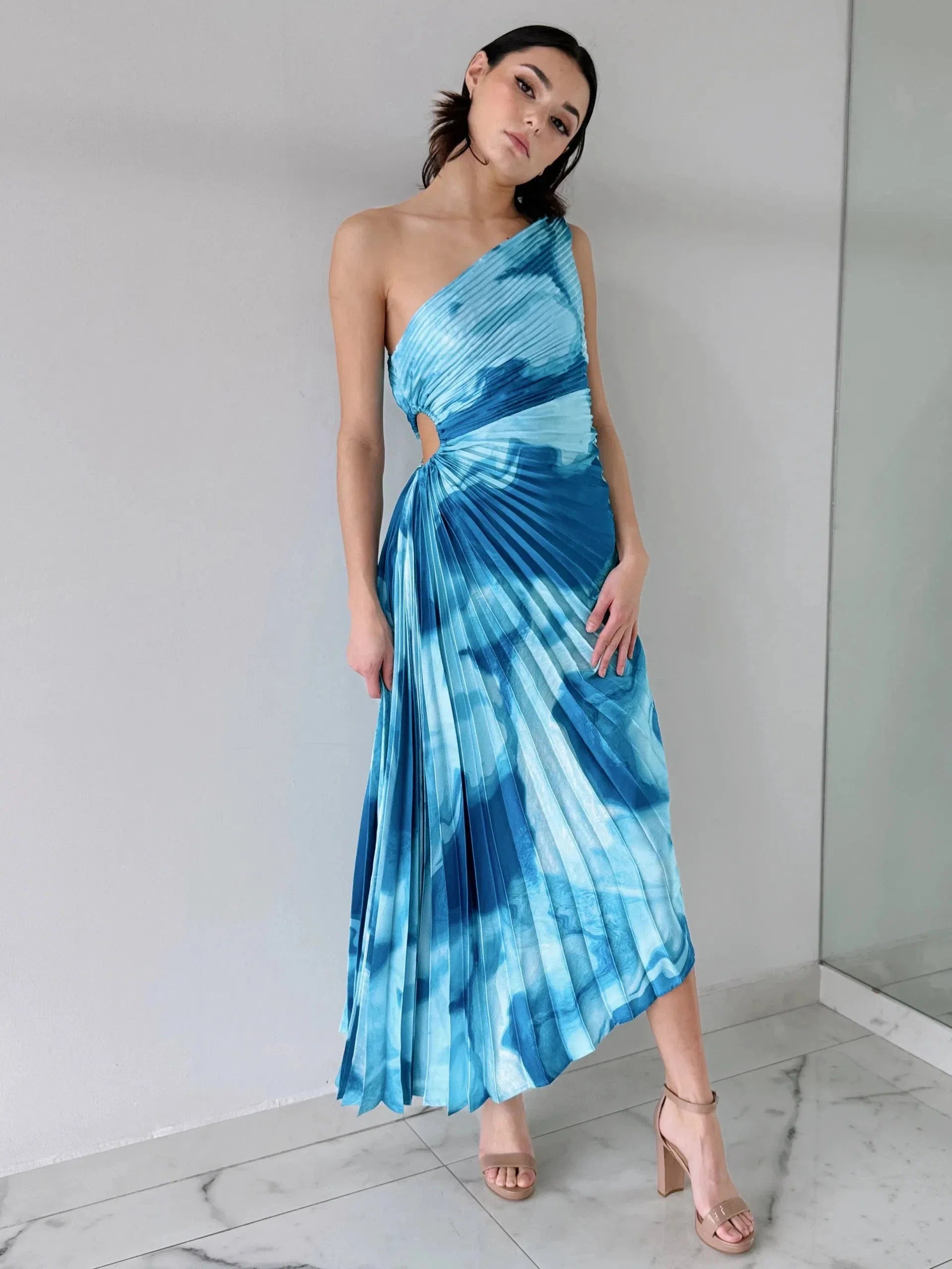one shoulder tie dye dress One Shoulder Tie Dye Print Pleated Cutout Dress