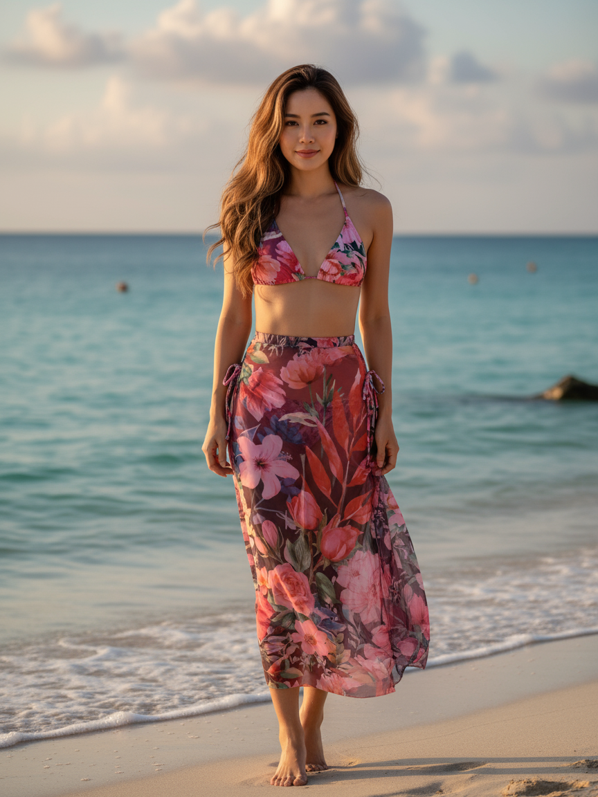 3 Piece Printed Bikini Swimsuit Set With Skirt
