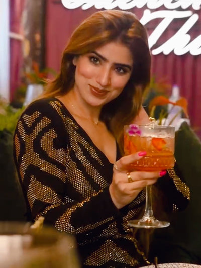 Rhinestone V Neck Dress with Mesh Sleeves