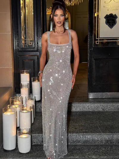 Spaghetti Strap Sequins Rhinestone Net Drill Suspenders Dress