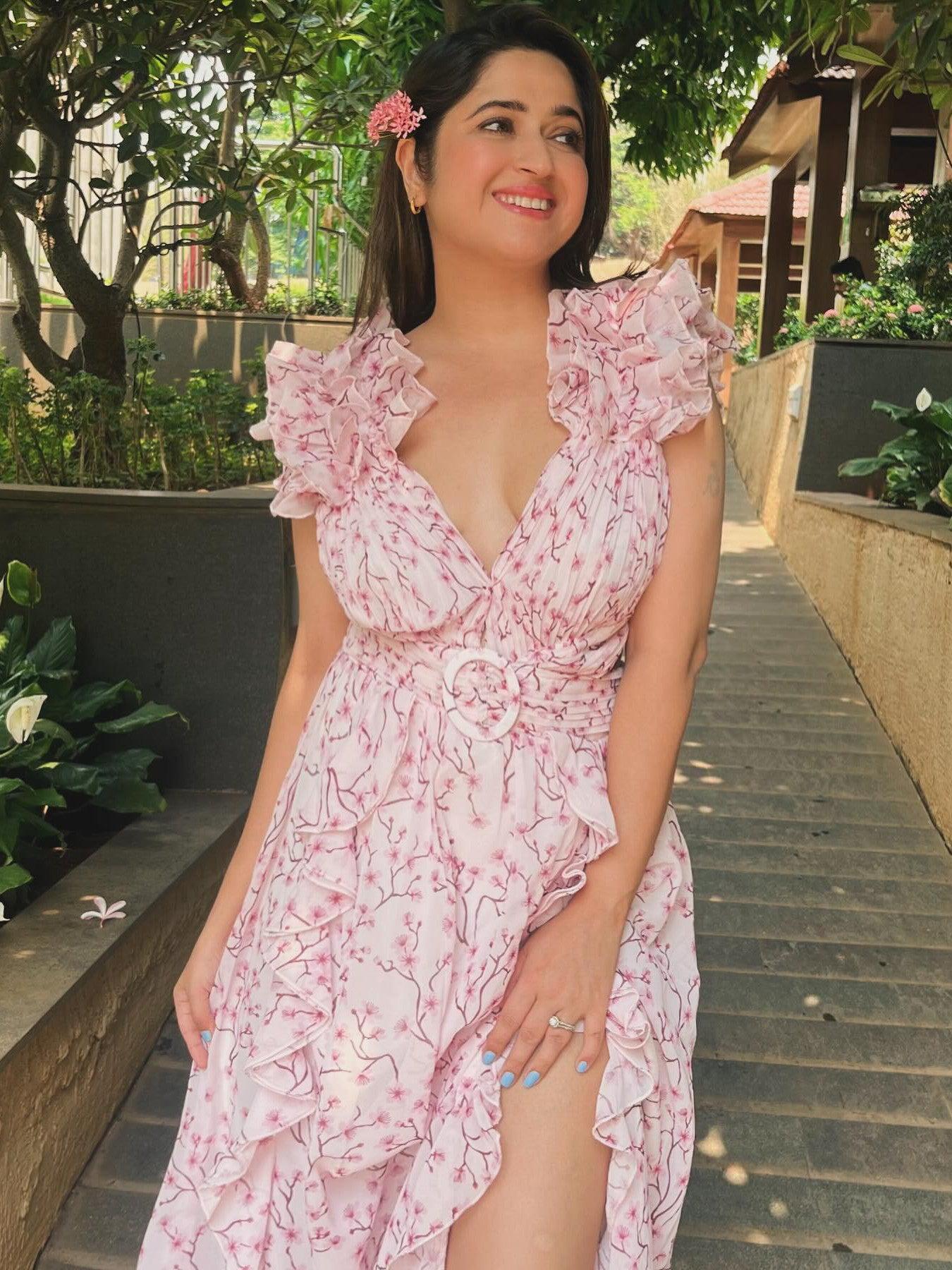 Floral Print Hollow Out Cutout Deep V Plunge Ruffled Backless Dress