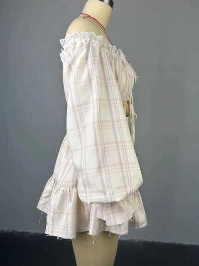 Plaid Lace Buckle Strap Design Off Shoulder Printed Dresses