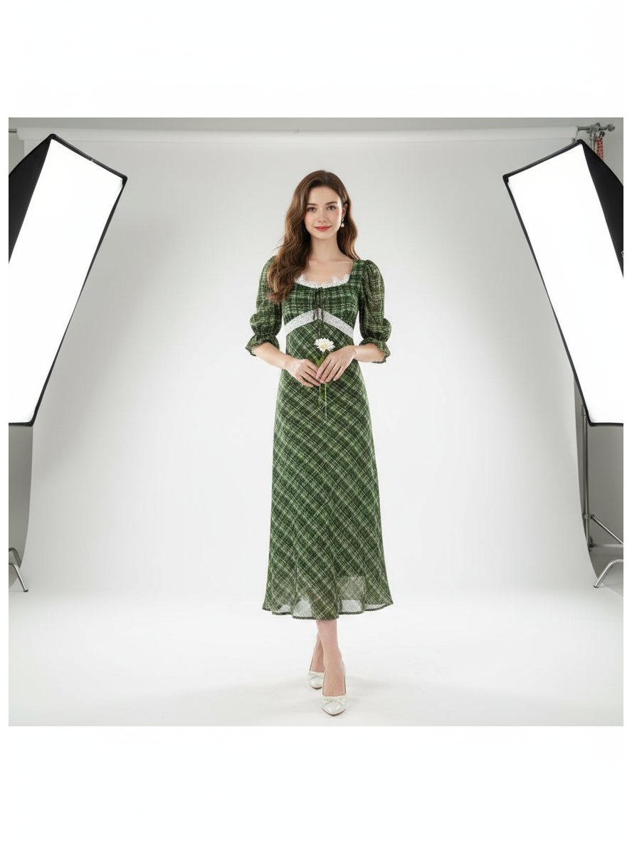 Puff Sleeve U Neck Lace Dress