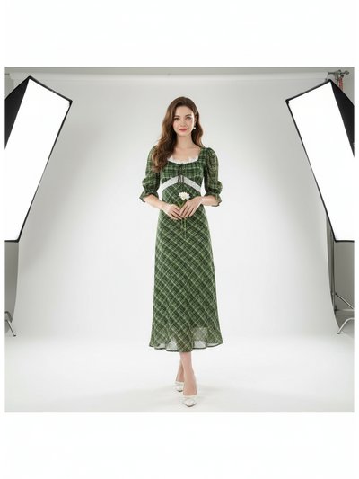 Puff Sleeve U Neck Lace Dress