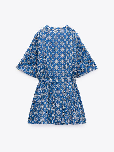 Blue Embroidered Short A Line Dress